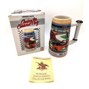 Budweiser Chasing The Checkered Flag LE Beer Stein New In Box Mug 1990